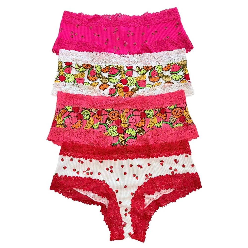 Victoria's Secret PINK Cheeky Lace Panties Medium LOT OF 4 Strawberry Fruit Set